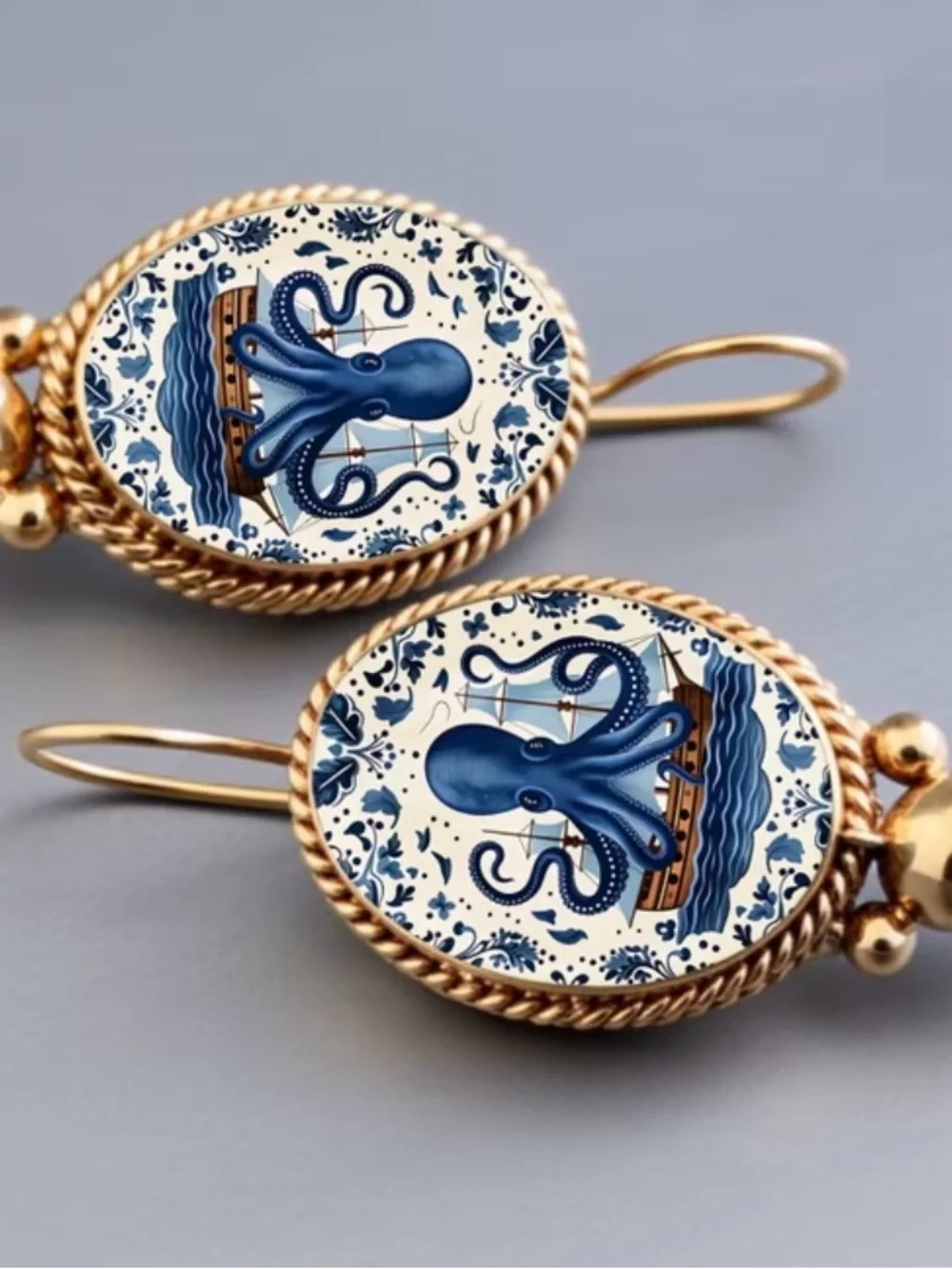 Blue Octopus Cameo Pearl Drop Earrings - Gold Tone